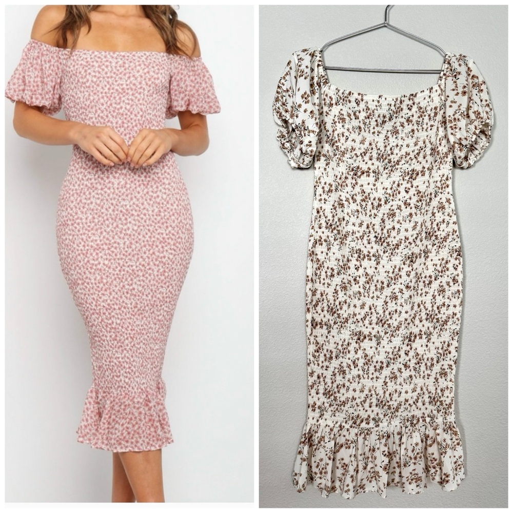 Petal & Pup Floral Smocked Midi Formal Casual Off Shoulder Puff Sleeve Dress